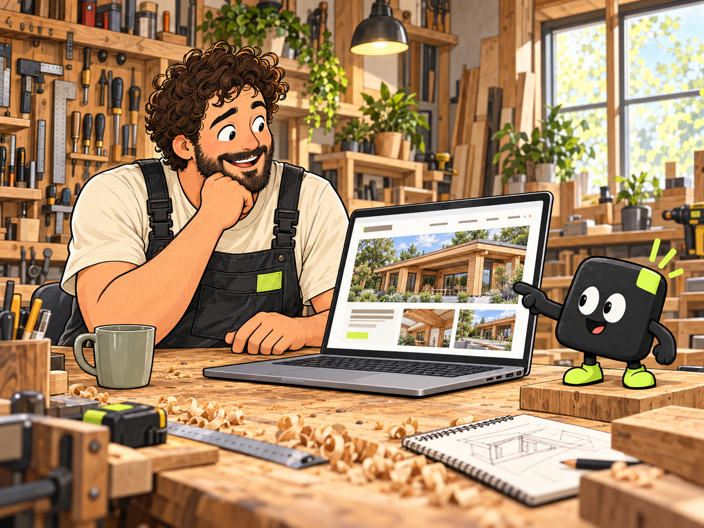 Ein Handwerker und Dings schauen sich seine neue Website in der Werkstatt an